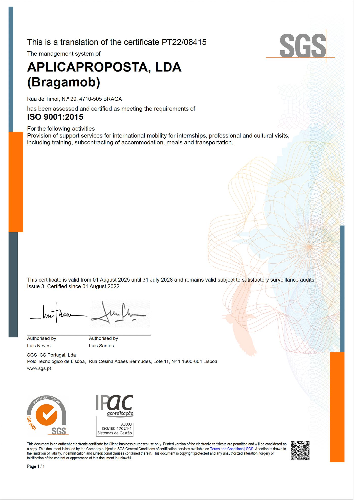 ISO 9001:2015 certificate issued by SGS to AplicaProposta, Lda (BragaMob)