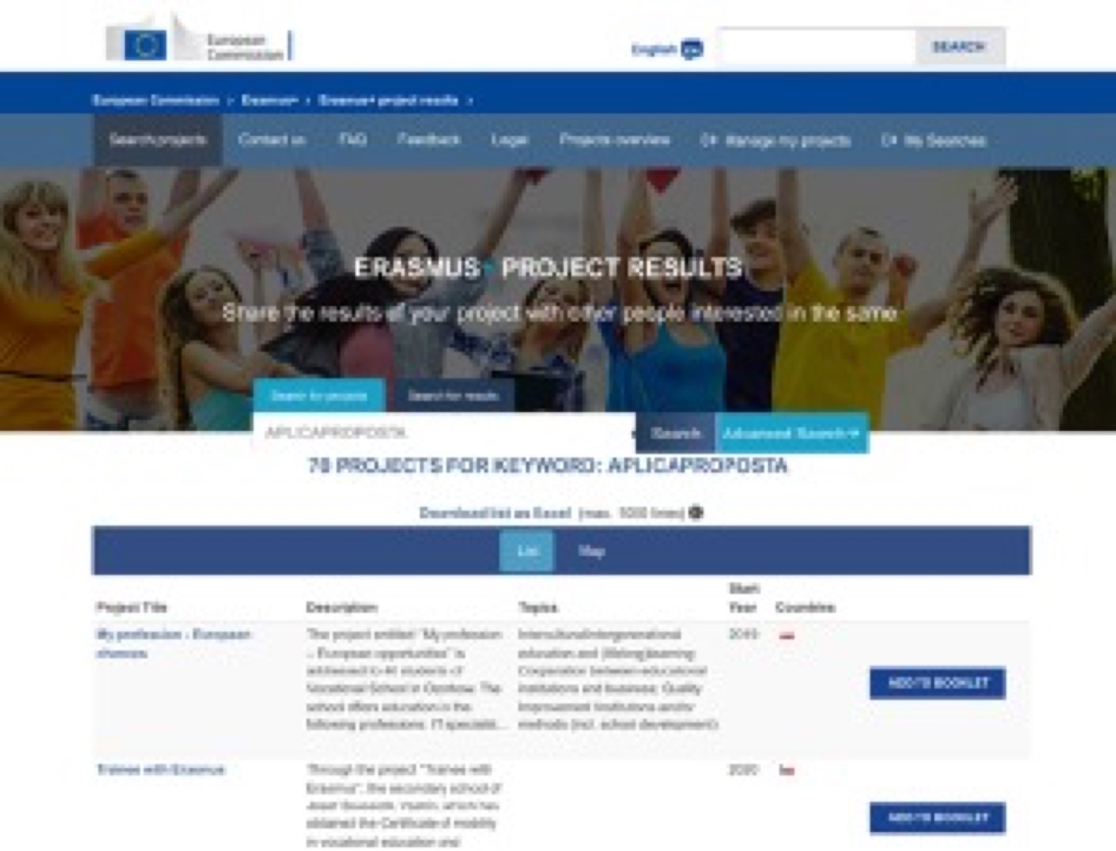 Captura de ecrã da plataforma Erasmus+ Project Results