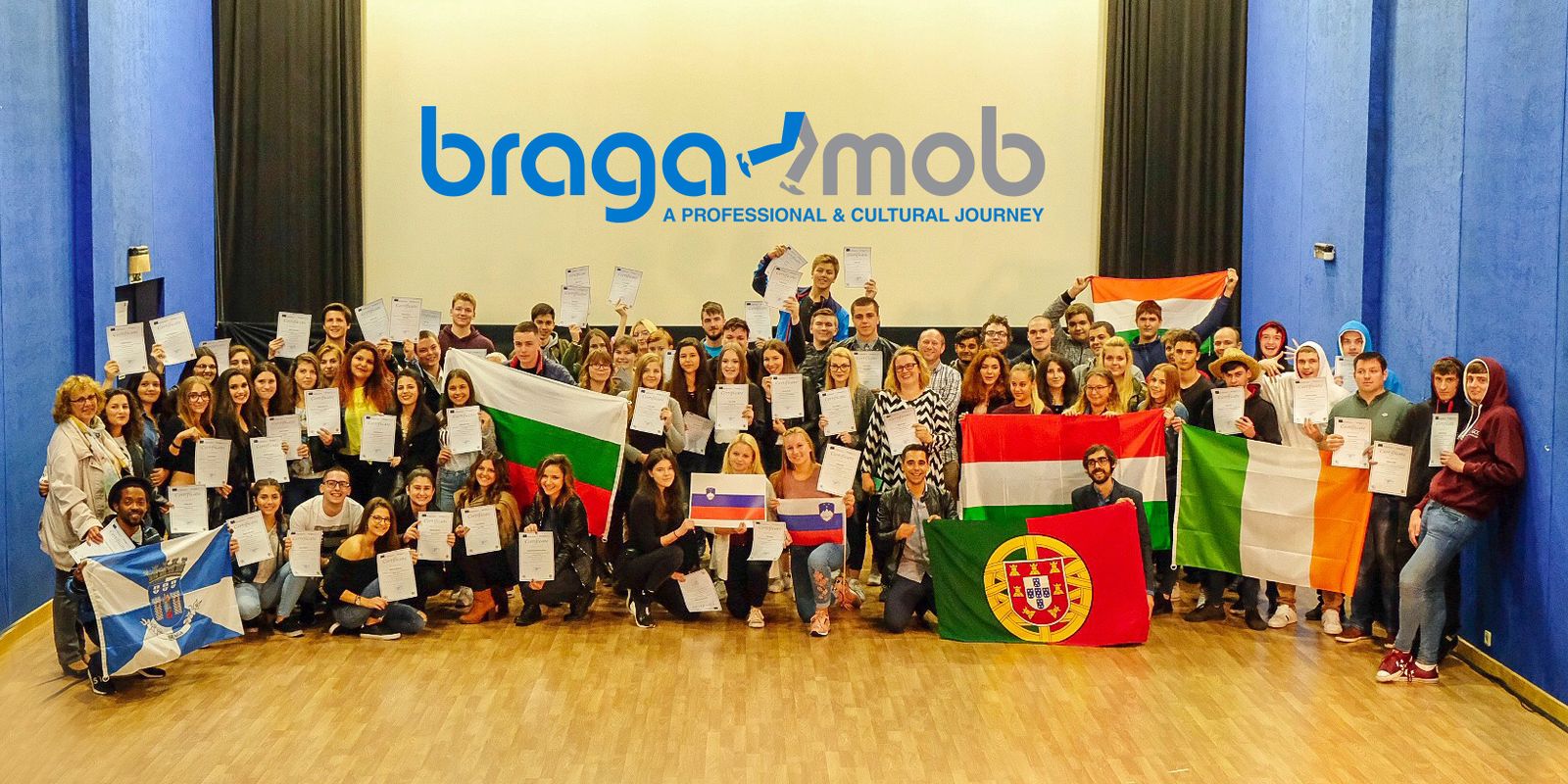 Participants from several countries with their Erasmus+ certificates and flags, under the BragaMob logo