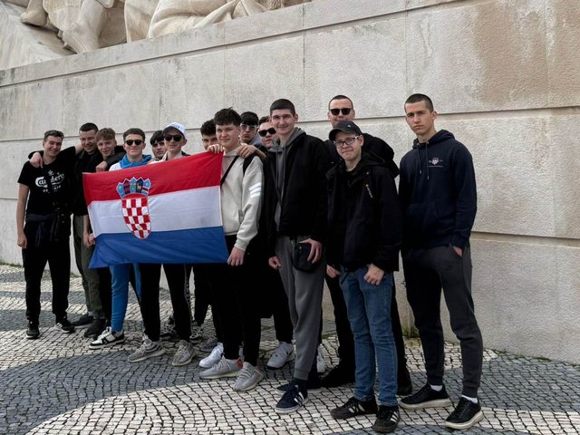 Group with the Croatian flag at the Monument to the Discoveries, Lisbon